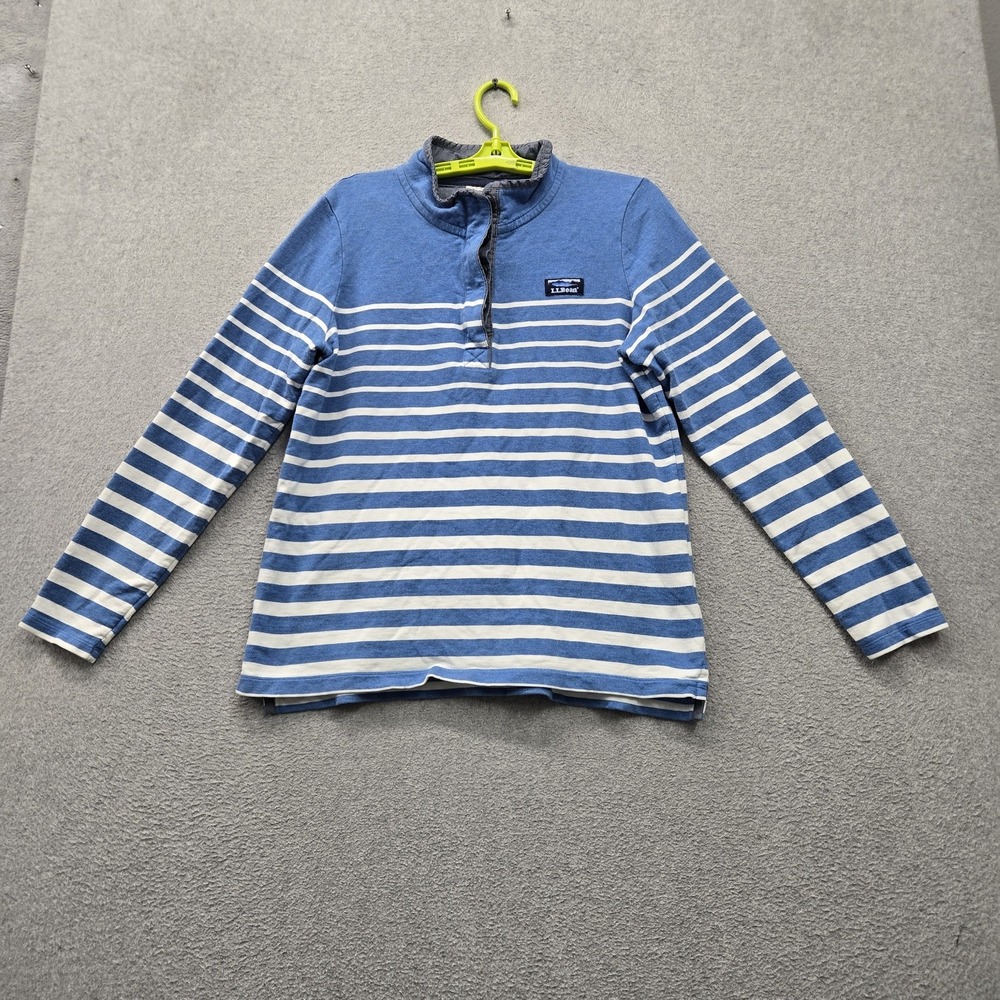 L.L. Bean Women Sweatshirt L Blue Striped 1/4 Snap Logo Patch Mock Neck Pullover